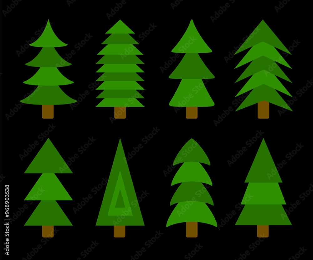 Fototapeta premium Christmas tree set. Fir tree collection. Green pine trees. New Year winter sign symbol. Greeting card, banner, web, sticker print template. Different shape. Flat design. Black background. Vector
