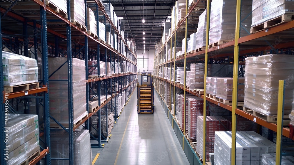 Fototapeta premium 17. A warehouse with a mix of pallet racks and automated picking systems
