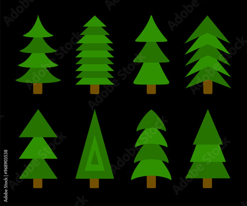 Christmas tree set. Fir tree collection. Green pine trees. New Year winter sign symbol. Greeting card, banner, web, sticker print template. Different shape. Flat design. Black background. Vector