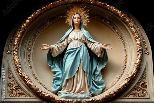 Statue of the Virgin Mary with a halo and outstretched arms inside an ornate frame