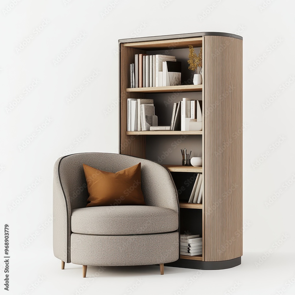 Fototapeta premium A cozy reading nook featuring a stylish armchair and a modern bookshelf.