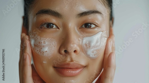 Asian young woman with soft cream on face, face care settings.