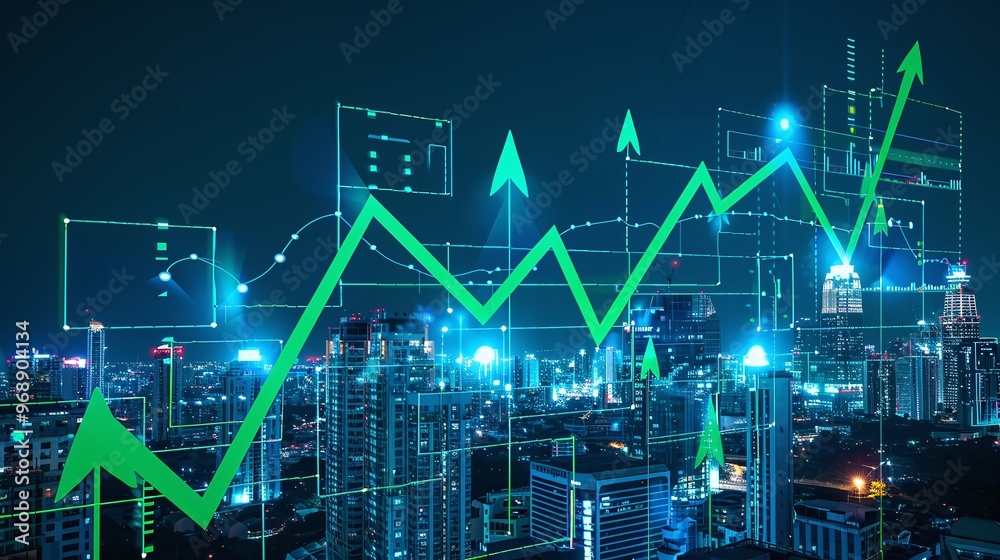 A dynamic city skyline at night showcases data analytics with rising graphs and digital elements, symbolizing growth and innovation. A dynamic city skyline at night showcases data analytics with rising graphs and digital elements, symbolizing growth and innovation.