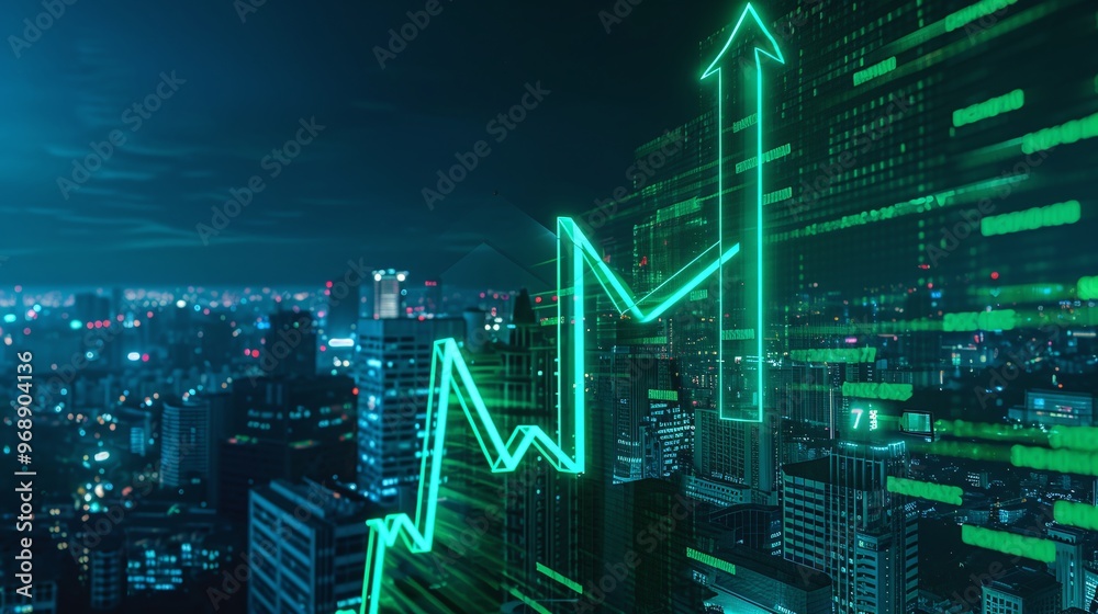 A dynamic city skyline featuring a green growth graph, symbolizing economic progress and digital transformation. A dynamic city skyline featuring a green growth graph, symbolizing economic progress and digital transformation.