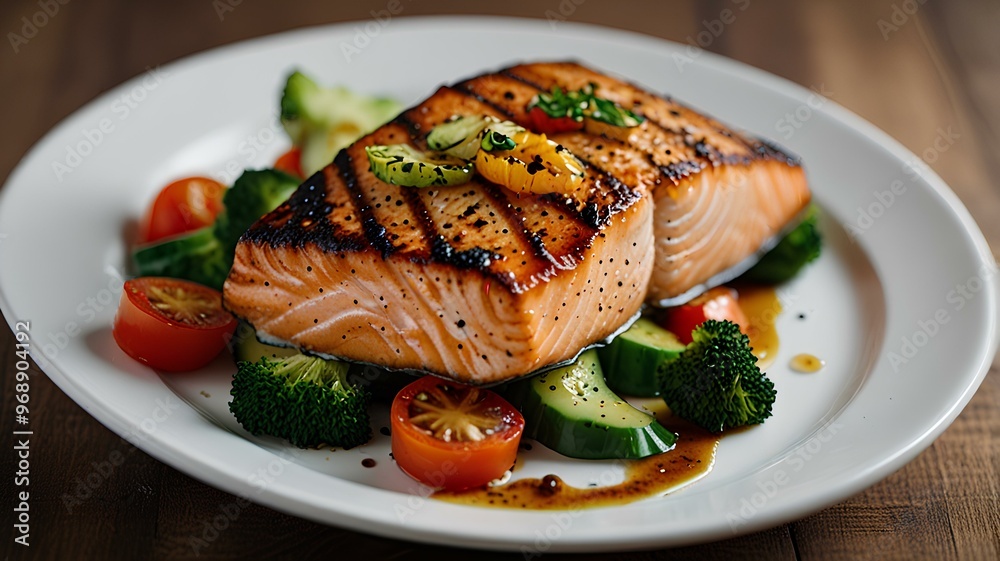 Grilled salmon fillet with fresh vegetables on a white plate, a healthy gourmet dish. Grilled salmon fillet with fresh vegetables on a white plate, a healthy gourmet dish.