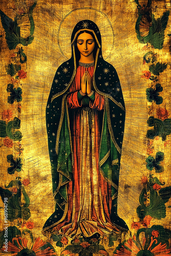 A depiction of the Virgin Mary standing in prayer on a golden background