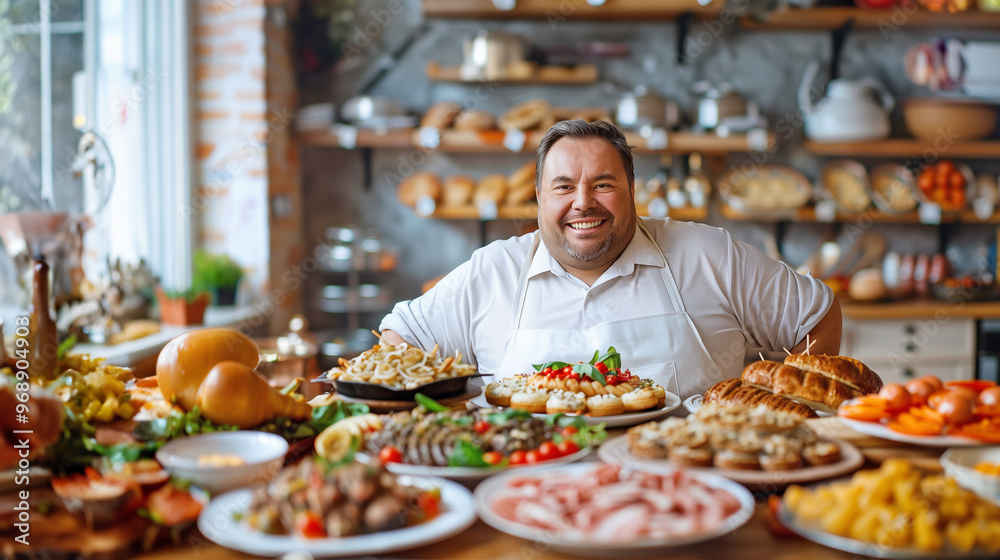 Fototapeta premium 大好きな食べ物に囲まれてご機嫌な男性