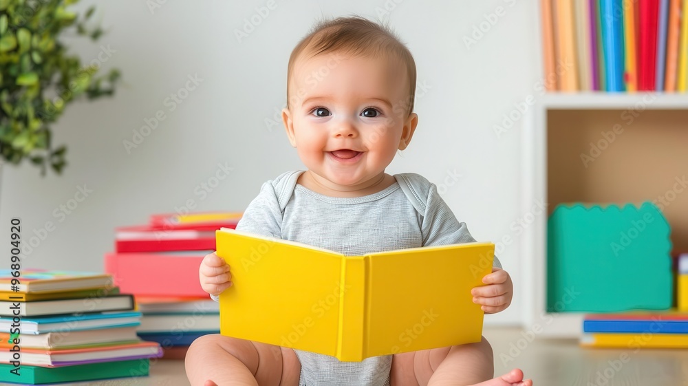 Smiling baby sitting with a bright storybook in hand, surrounded by a variety of children s books, Baby and books, love for learning, joyful exploration Smiling baby sitting with a bright storybook in hand, surrounded by a variety of children s books, Baby and books, love for learning, joyful exploration