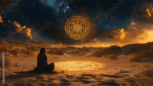 Shamanic ritual in the desert under a star-filled sky, sacred symbols drawn in the sand as the shaman calls upon ancestral spirits photo