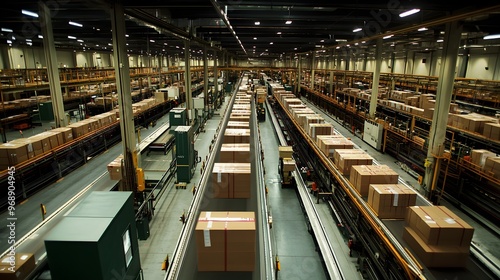 21. A large-scale sorting facility with packages moving along conveyor belts