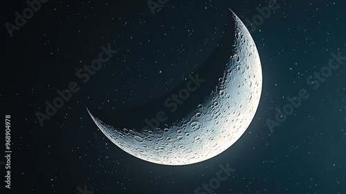 Panoramic view of the moon's glowing crescent, with sharp surface details against a dark cosmic sky. No people. No logo.