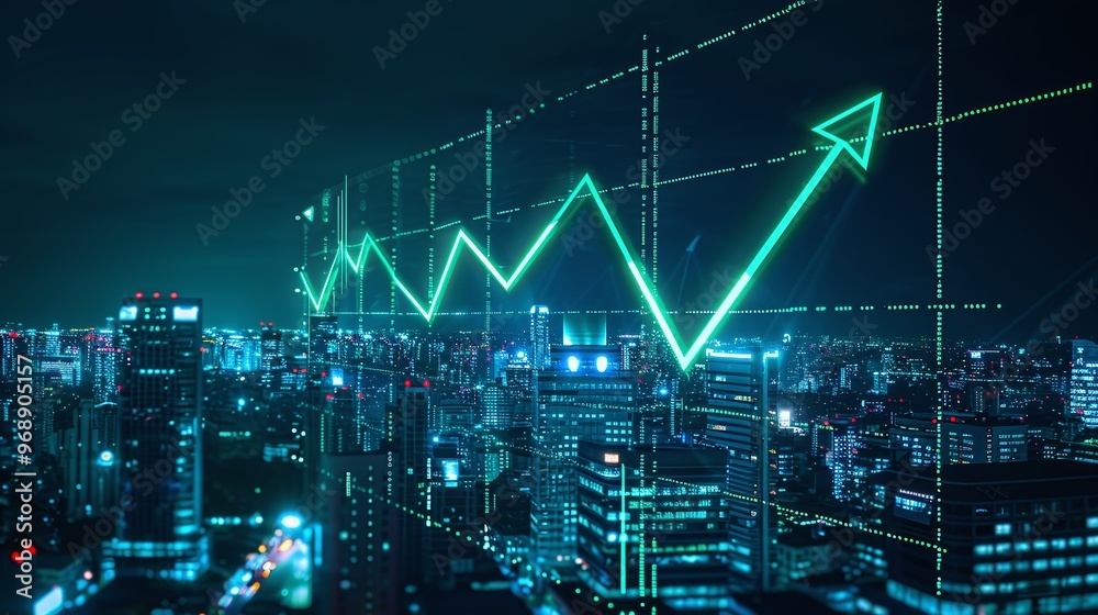 A futuristic cityscape illuminated at night, showcasing a digital growth graph symbolizing investment and economic progress. A futuristic cityscape illuminated at night, showcasing a digital growth graph symbolizing investment and economic progress.