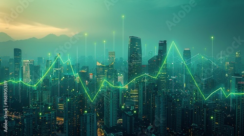 A futuristic cityscape with a green graph overlay depicts growth and technology. Urban skyline reflects innovation and progress. photo