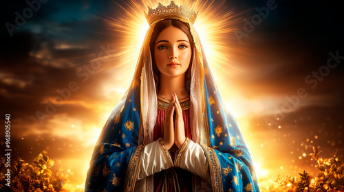 A sacred depiction of the Virgin Mary in prayer with divine light in the background symbolizing holiness and grace.