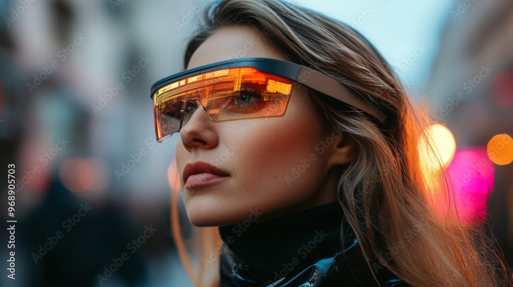 Augmented reality glasses providing real-time translation: A traveler wearing AR glasses that translate street signs or conversations. Augmented reality glasses providing real-time translation: A traveler wearing AR glasses that translate street signs or conversations.