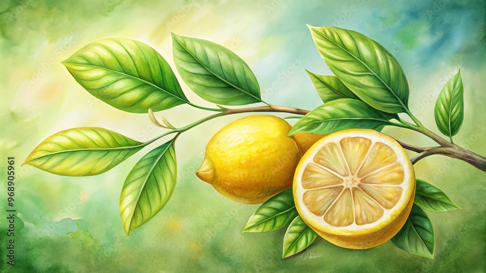 A vibrant painting of a lemon tree branch with leaves, a lemon slice, and a lemon with a green leaf A vibrant painting of a lemon tree branch with leaves, a lemon slice, and a lemon with a green leaf