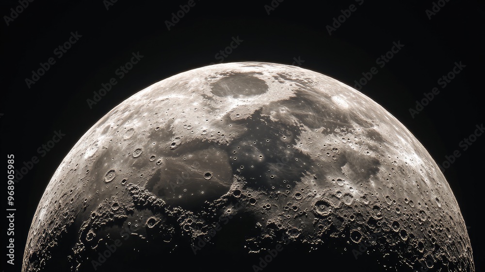Fototapeta premium Wide panoramic close-up of the moon in full phase, revealing its cratered surface and rugged terrain in space. No people. No logo.