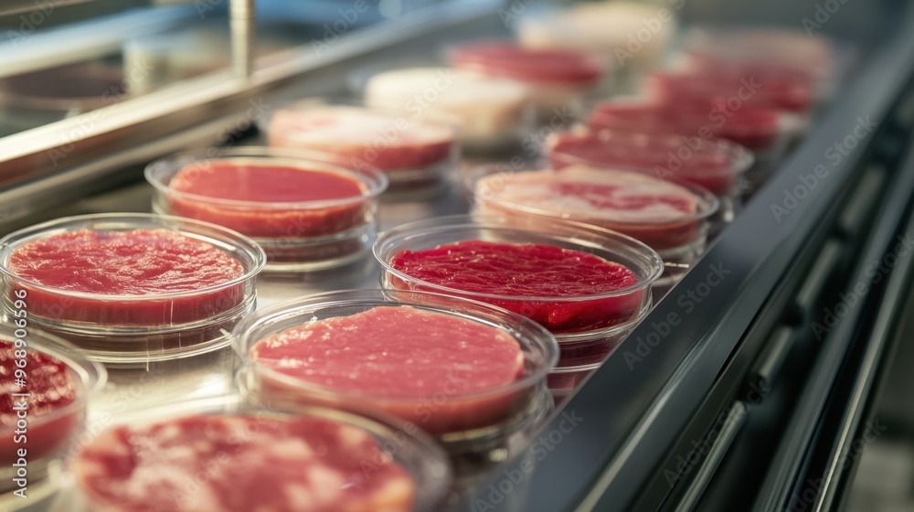 Petri dishes filled with synthetic meat samples in a laboratory setting, symbolizing biotechnology and future food solutions.