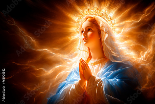 A serene depiction of the Virgin Mary with hands in prayer surrounded by radiant light