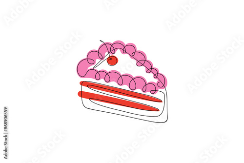 Single line drawing of sliced cake with cherry. Simple dessert, piece of birthday cake illustration. Pastries with berries and cream vector concept