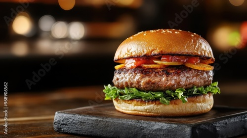 Stone podium featuring a hearty hamburger with a rustic, robust appearance, evoking a natural and solid presentation. photo