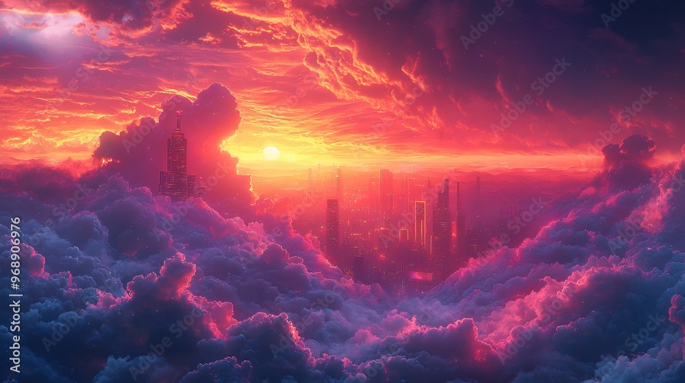 Fototapeta premium Semiabstract city skyline at sunset with glowing neon outlines of skyscrapers and vibrant swirling clouds representing modernity and urban energy