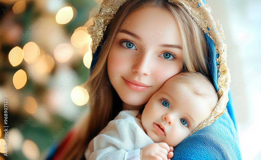 Mother Mary holds baby Jesus in her arms with a serene background symbolizing divine love and purity Mother Mary holds baby Jesus in her arms with a serene background symbolizing divine love and purity