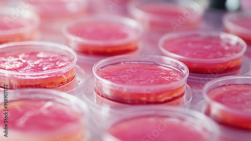 Petri dishes filled with synthetic meat samples in a laboratory setting, symbolizing biotechnology and future food solutions.