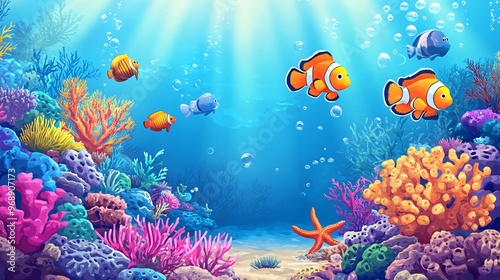 Fototapeta Naklejka Na Ścianę i Meble -  Colorful coral reef with orange and white clownfish, starfish, and bubbles in blue water.