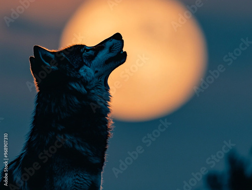 Wolf howling at the moon, silhouette of a wolf