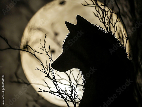 Wolf howling at the moon, silhouette of a wolf