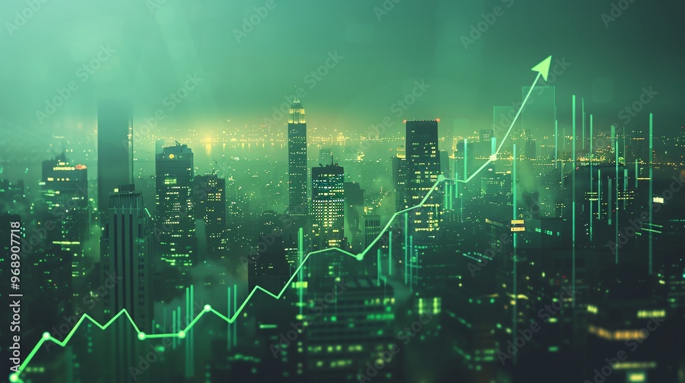 A vibrant city skyline with green financial growth indicators, symbolizing progress and success in urban development. A vibrant city skyline with green financial growth indicators, symbolizing progress and success in urban development.