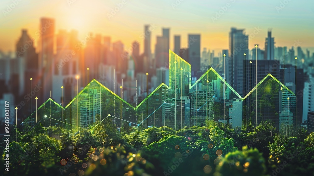 A vibrant cityscape with rising graphs overlay, symbolizing growth and success in business and finance under a beautiful sunset. A vibrant cityscape with rising graphs overlay, symbolizing growth and success in business and finance under a beautiful sunset.