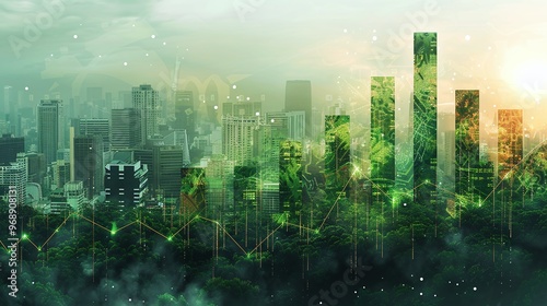 A vibrant cityscape with green data bars representing growth and innovation in a sustainable future.