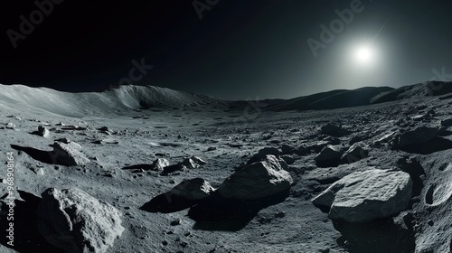 Wide panoramic shot of the moonas cratered landscape, with shadows and light revealing intricate details. No people. No logo. photo