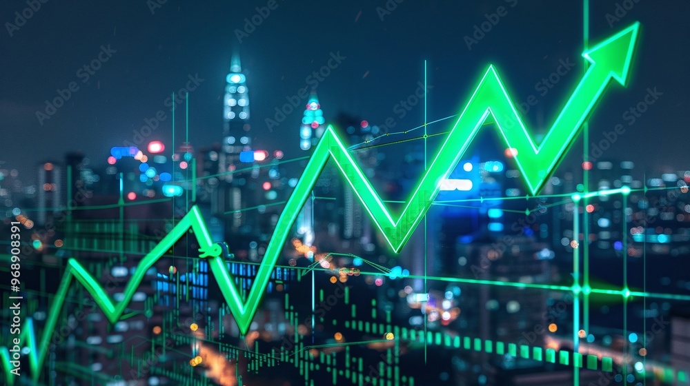 A vibrant night view of a city skyline with a green growth chart symbolizing financial success and market trends. A vibrant night view of a city skyline with a green growth chart symbolizing financial success and market trends.