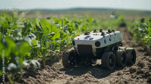 Autonomous agricultural robots planting and harvesting crops in extreme environments: Robots managing farms on barren land or in hostile environments. photo