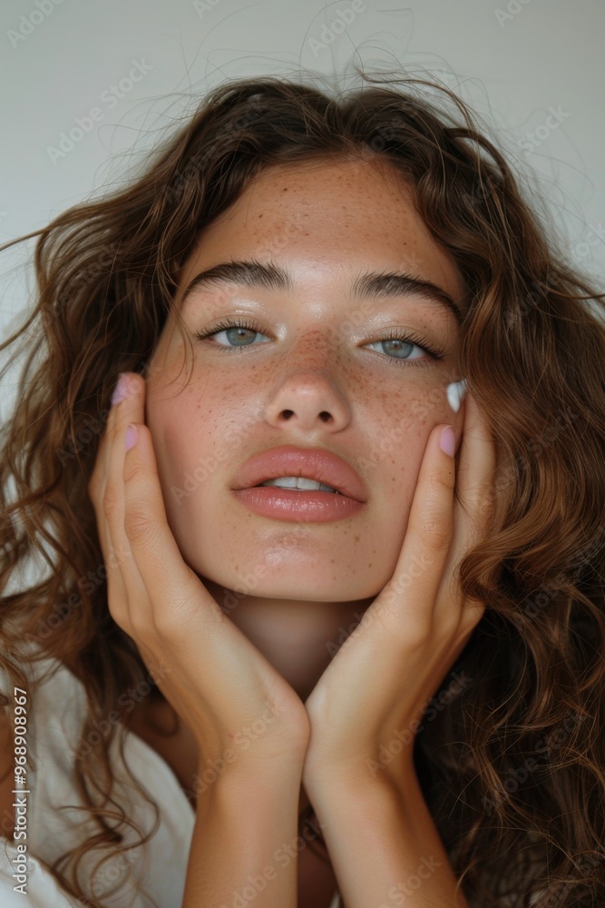 Close-up of woman with hands on face, applying cream, soft beige background, promoting hydration, soothing composition.