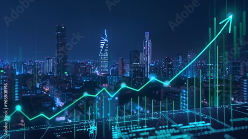 Dynamic city skyline at night with a glowing growth chart, symbolizing progress and innovation in urban environments.