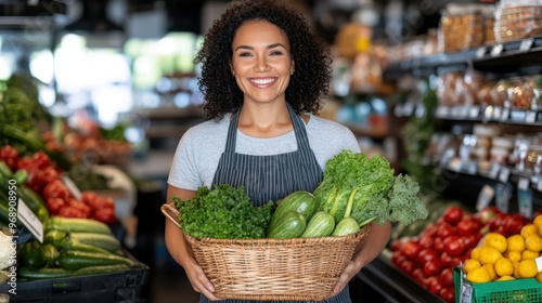 A happy woman stands in a grocery market, holding a basket brimming with green, fresh vegetables such as kale, cucumbers, and broccoli, symbolizing healthy lifestyle choices.