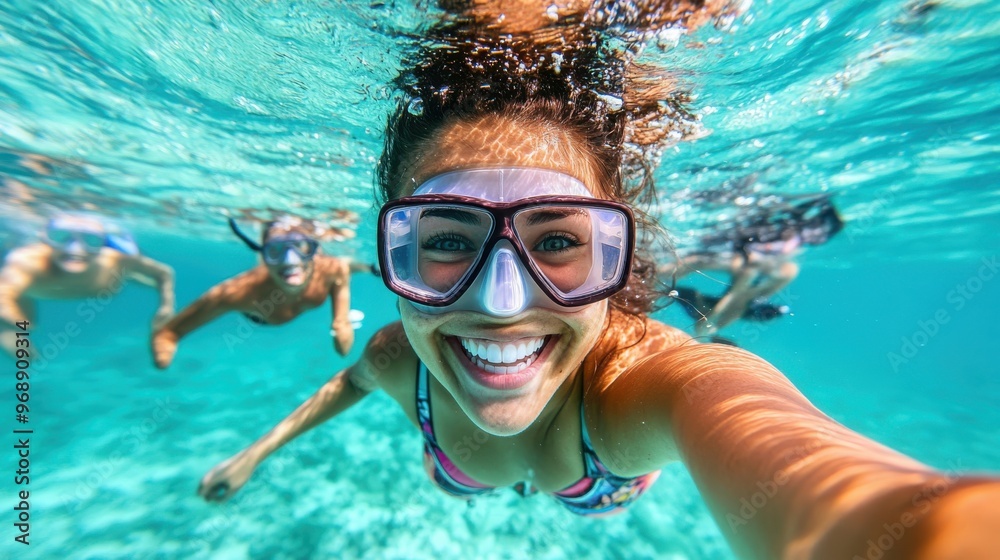 Fototapeta premium A thrilled woman wearing snorkeling gear joyfully swims in clear water with friends in the background, capturing a fun and adventurous underwater moment.