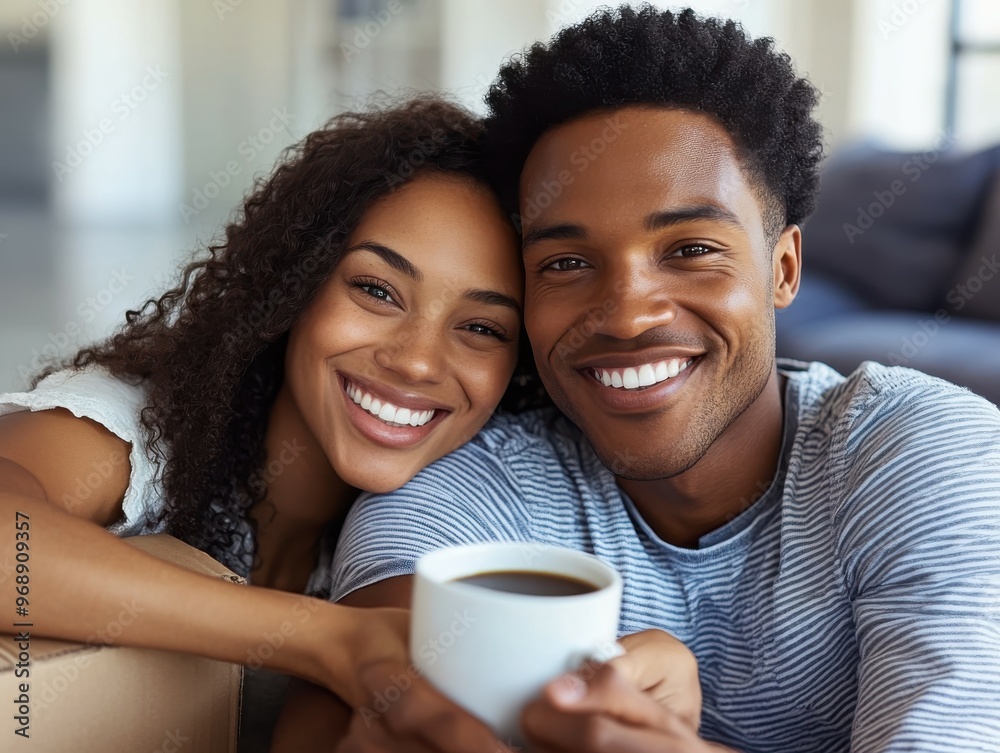 A young couple sitting on the floor of their new home, leaning back on moving boxes, sharing a cup of coffee while smiling and unwinding from the busy day of moving A young couple sitting on the floor of their new home, leaning back on moving boxes, sharing a cup of coffee while smiling and unwinding from the busy day of moving