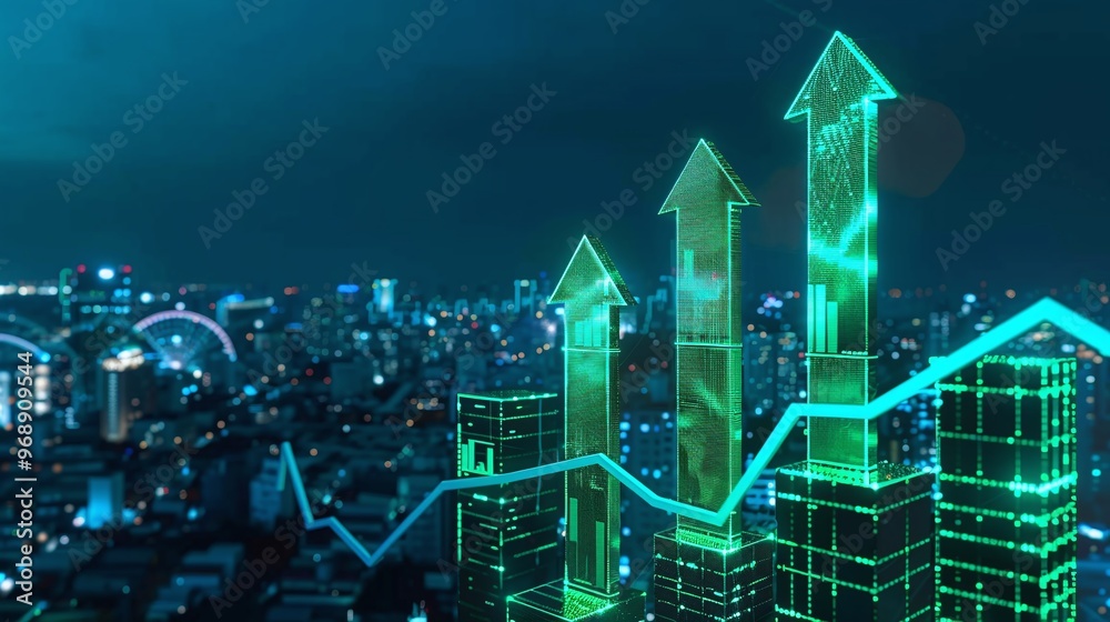 Dynamic financial growth concept featuring upward arrows against a modern city skyline with digital elements.