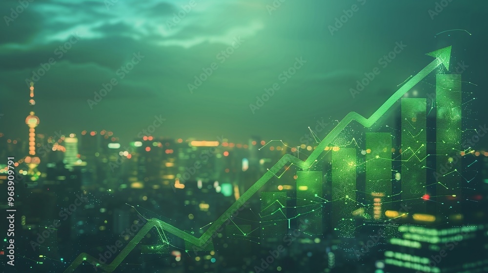 Dynamic financial growth visualization with green arrow over city skyline. Represents success and prosperity in investment and business. Dynamic financial growth visualization with green arrow over city skyline. Represents success and prosperity in investment and business.