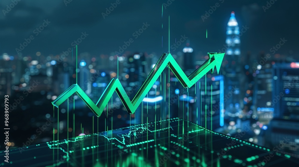 Dynamic financial growth illustration with an upward trend line over a vibrant city skyline at night. Dynamic financial growth illustration with an upward trend line over a vibrant city skyline at night.