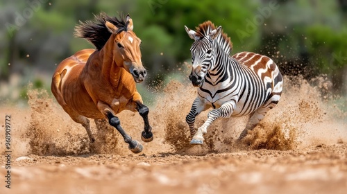 A horse and zebra are seen running side by side, stirring up dust in the wilderness, representing themes of unity and natural power amid a lively and undomesticated setting.