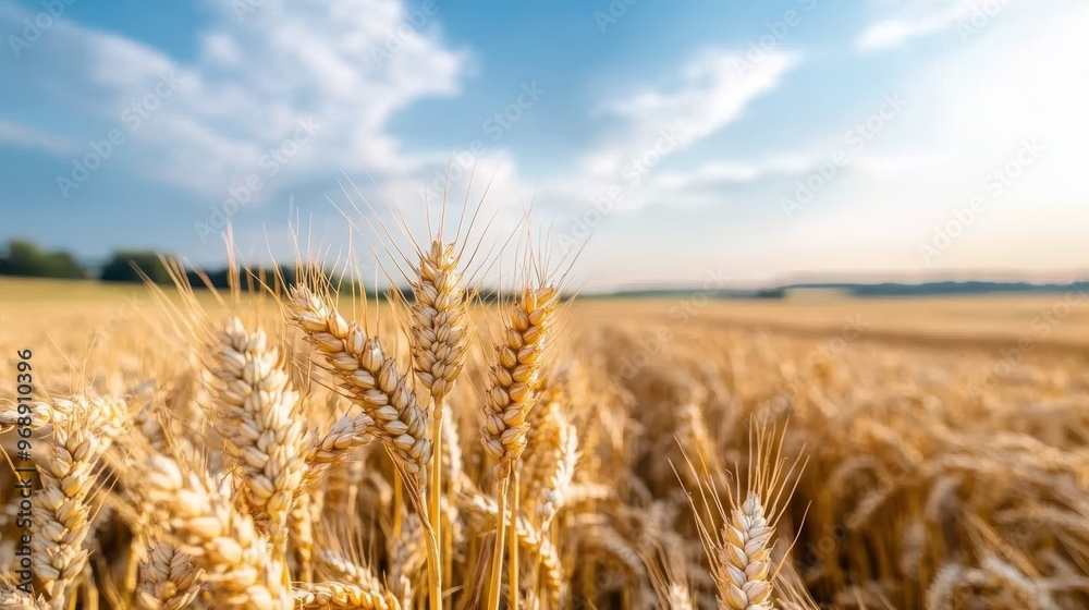 Naklejka premium A beautifully captured golden wheat field stretching towards the horizon under a blue sky with soft clouds. The golden ears of wheat stand out against the contrasting sky.