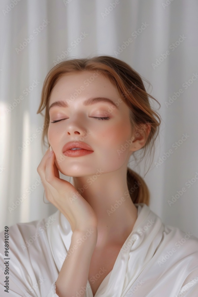 Elegant woman applying skincare cream, minimalist bathroom backdrop, luxurious skincare routine, serene setting. Elegant woman applying skincare cream, minimalist bathroom backdrop, luxurious skincare routine, serene setting.