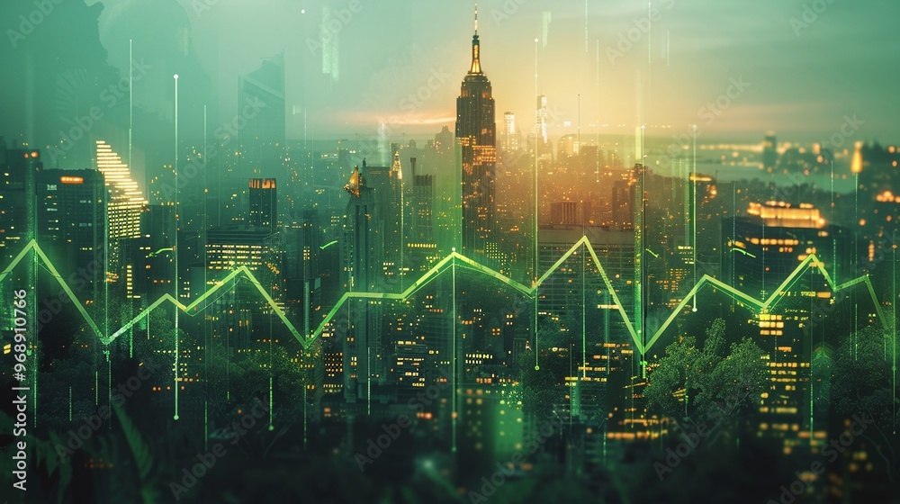 Stunning aerial view of a city skyline with financial graphs, evoking growth, success, and economic prosperity in a vibrant green hue. Stunning aerial view of a city skyline with financial graphs, evoking growth, success, and economic prosperity in a vibrant green hue.