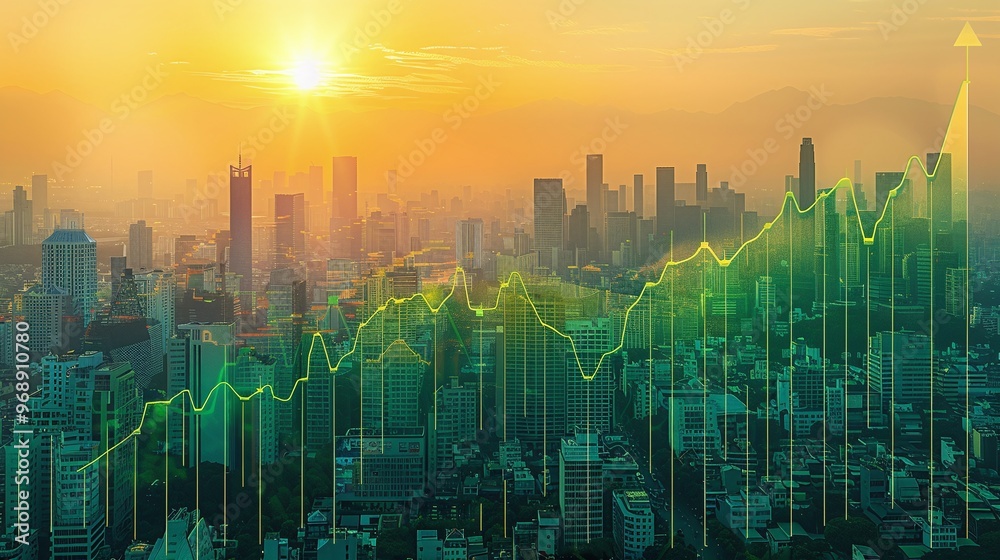 Stunning city skyline at sunset with a graph overlay representing growth and success in business and finance. Stunning city skyline at sunset with a graph overlay representing growth and success in business and finance.